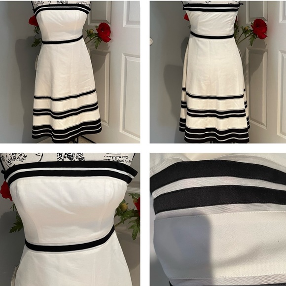 New Ann Taylor Strapless Striped Fit Flare Midi Dress Black White Piping 2P NWT - Picture 6 of 15